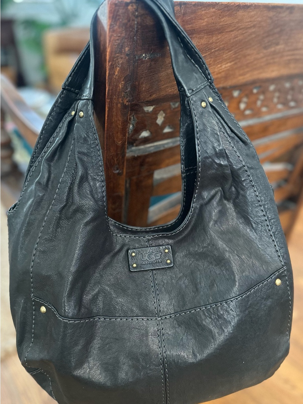 UGG Black Leather Slouch Hobo with Stud Accents